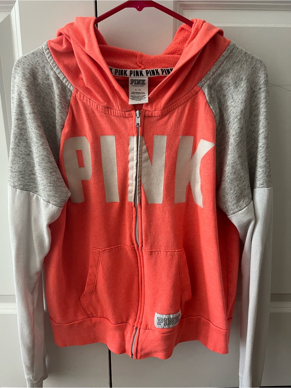 PINK Victoria's Secret Coral Zip-Up Hoodie with Gray & White Raglan Sleeves
